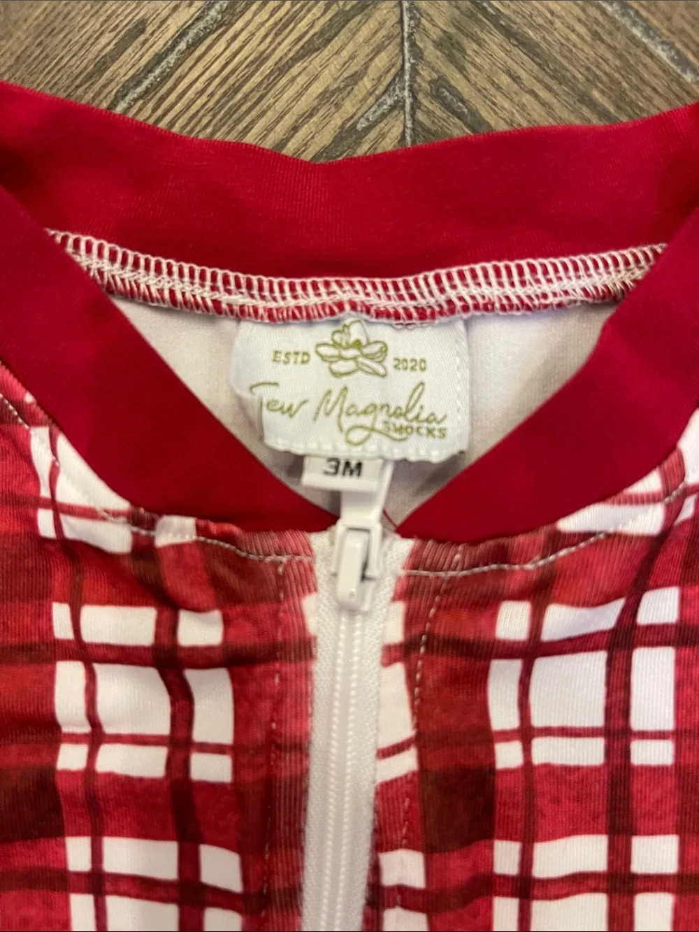 Sew Magnolias Smocks Red and White Plaid Zipper Sleeper With M on the Bottom